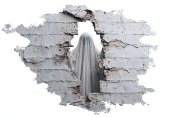 Spooky ghost figure emerging from a hole in a concrete wall mysterious apparition isolated on white background