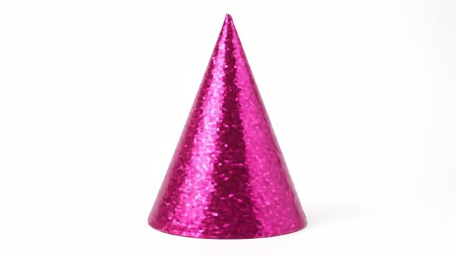 Glittery Pink Party Hat - This video features a vibrant pink party hat adorned with shimmering glitter. The conical shape adds a festive flair, making it ideal for celebrations and gatherings.