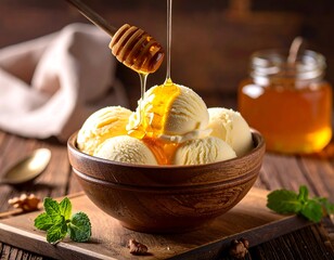 Honey-drizzled vanilla ice cream scoops in a wooden bowl, surrounded by walnuts and mint leaves