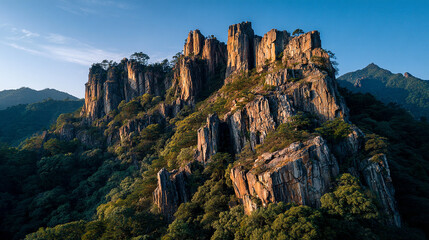 Fototapeta premium Towering golden rock formations rise dramatically against a clear blue sky, revealing the timeless beauty of desert cliffs and rugged landscapes. The warm sunlight enhances the golden tones of the sto
