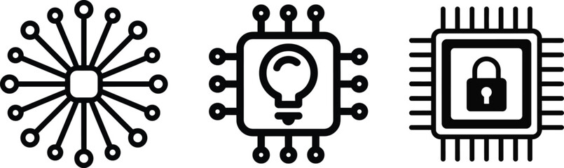 Set of three tech icons representing data network idea and security on computer chips