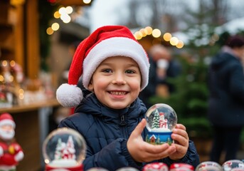 joyful child with santa hat holding a snow globe at christmas market with festive lights