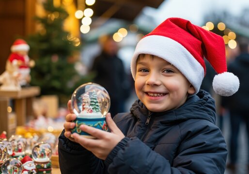 joyful child in santa hat holding snow globe at festive outdoor christmas market