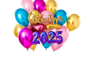 Bright Multicolored Balloons Arranged to Spell Goodbye 2025 Highlighting Celebration, Fun, and Holiday Spirit isolated on transparent background PNG