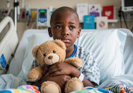 Little boy Black Child with Cancer Lies in Hospital Bed Holding Teddy Bear.
