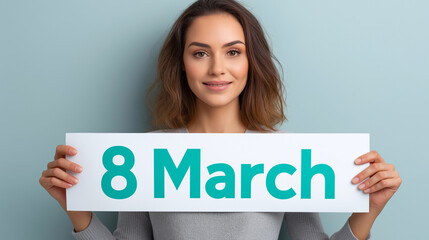 Young woman smiling and holding 8 March poster against blue wall  