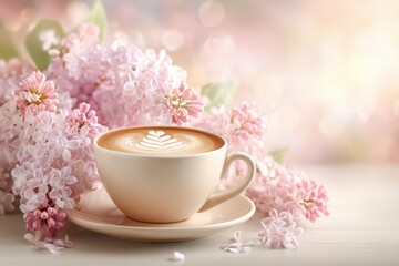 Fototapeta premium A creamy cappuccino with latte art, nestled amongst a delicate array of lilac blossoms, creating a scene of tranquility and serene beauty, perfect for spring.