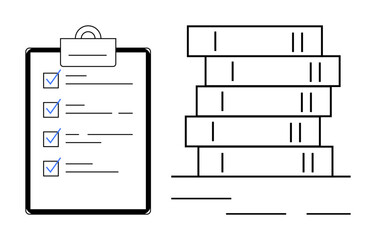 Clipboard with checklist of completed tasks beside a stack of books signifies planning, organization, and study. Ideal for productivity, education, time management, goal setting, record-keeping