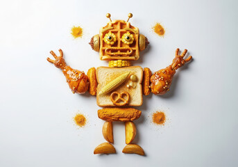 Whimsical food robot made from breakfast foods and snacks