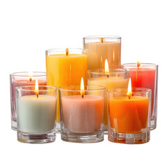 Scented Candles in Glass Containers with Flickering Flames on transparent background