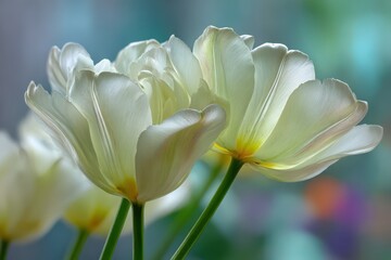 Fototapeta premium Close-up photograph of elegant white tulips with translucent petals, capturing their delicate beauty and intricate details against soft, diffused background.