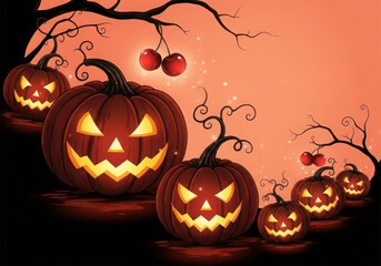 Spooky halloween pumpkins glowing at night with bare tree branches