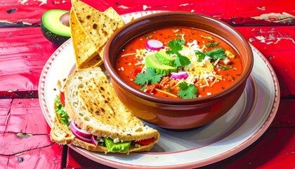 Hearty soup and sandwich on a rustic table