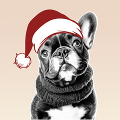 Vector halftone illustration of French bulldog wearing Christmas Santa hat and cozy sweater, festive holiday pet portrait design with vintage textured detail and retro winter character style