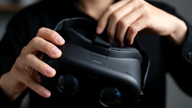 Hands delicately adjust a sleek black virtual reality headset, showcasing a smooth, ergonomic design emphasizing the immersive technology experience