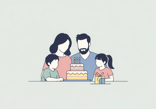 Happy family celebrating birthday with cake illustration