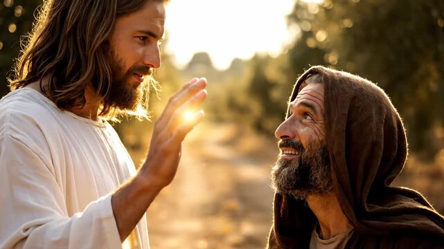 Miracle Healing Encounter - An video shows a man dressed in white extending his hand toward another man in a hooded robe, seemingly healing him with divine light.