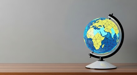 A colorful globe sits on a wooden table against a gray background