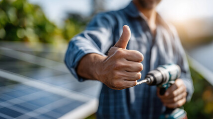 Drill and thumbs up near PV panels face out modules defocused solar tech green energy positive signal tool grip outdoor job with copy space