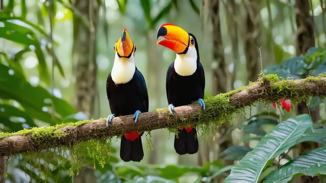 Two vibrant toucans perched on a mossy branch in a lush rainforest jungle with vibrant foliage