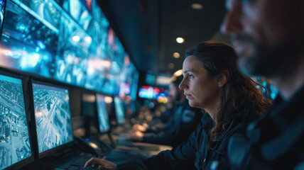 Naklejka premium Female Security Operator Working At Monitoring Station With Multiple Screens In Control Room Surveillance Technology Center