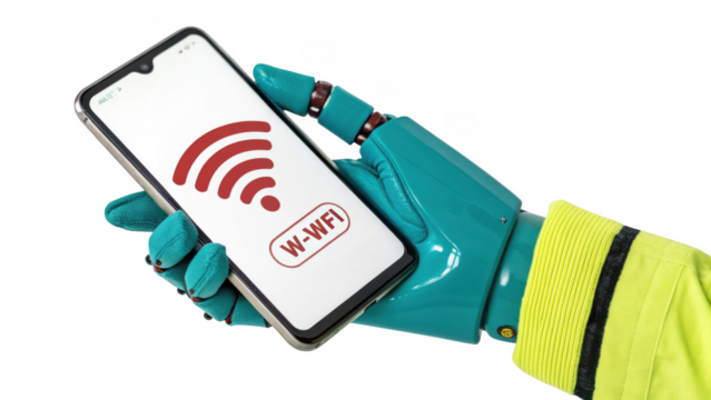 Robotic hand holding a smartphone displaying a wi fi signal icon isolated on transparent background isolated on white background