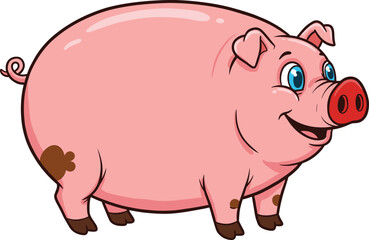 Cute cartoon pig with big blue eyes, smiling farm animal illustration, adorable pink pig character design, funny livestock artwork for kids