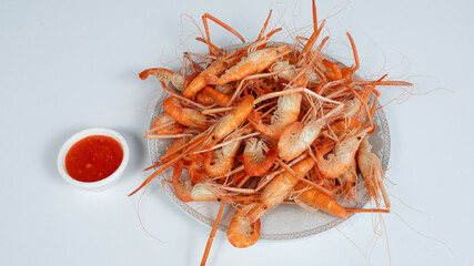 Prawns on plate top view
