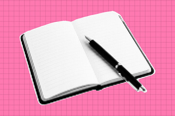 Notebook with pen retro halftone collage