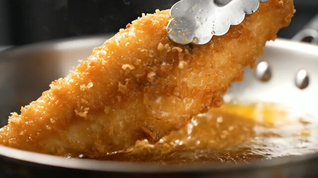 Golden Fried Perfection: Capturing the Sizzle and Crisp of Breading in Hot Oil, Deep-Frying Process in Stainless Steel Pan is Visualized