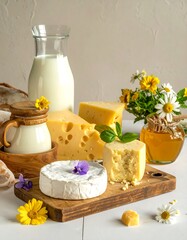 Still life of dairy products and flowers