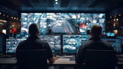 Two Security Operators Monitoring Multiple Screens In High Tech Command Center Control Room Surveillance Cybersecurity Hub