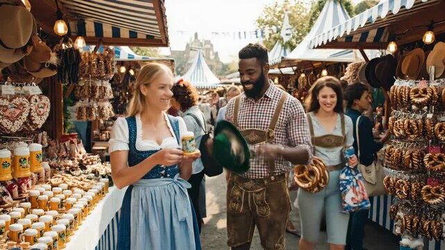 Couple at Oktoberfest Market - A young blonde woman in a dirndl holds a small beer stein at an Oktoberfest market while a man in lederhosen holds a green hat.