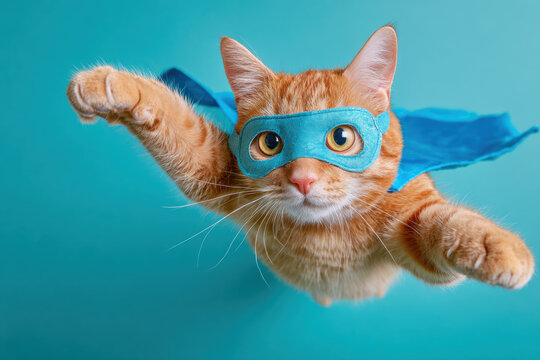 Orange cat dressed as a superhero, flying with a blue mask and cape against a turquoise background. Adorable feline in a dynamic pose, resembling a comic book hero