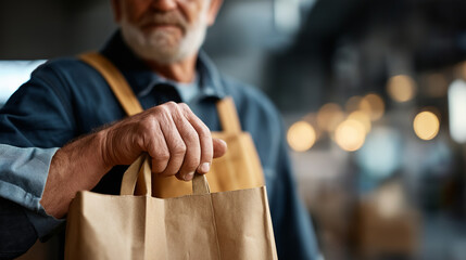 Senior hands gripping paper sack on shoulder torso crop equipment bay defocused warehouse labor strength manual handling blue collar grit industrial interior with copy space