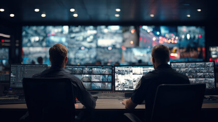 Two Security Operators Monitoring Multiple Screens In High Tech Command Center Control Room Surveillance Cybersecurity Hub
