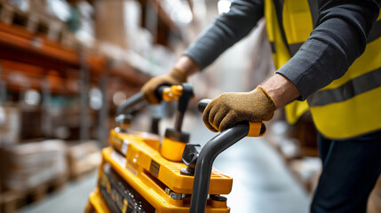 Pallet jack handle in gloved hands pulling a loaded skid down aisle operator cropped at shoulders long racking intentionally defocused warehouse logistics pallet jack manual