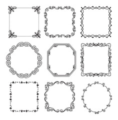 Collection of nine ornate black and white decorative borders and frames in various geometric and floral styles for design elements