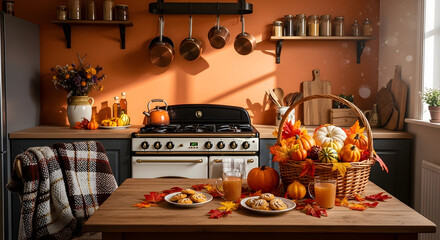 Inviting fall kitchen scene with basket of pumpkins, pastries on plates, orange juice, and plaid blanket in warm morning light