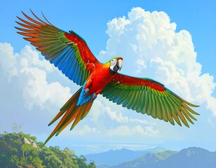 Vibrant parrot soaring above a lush landscape
