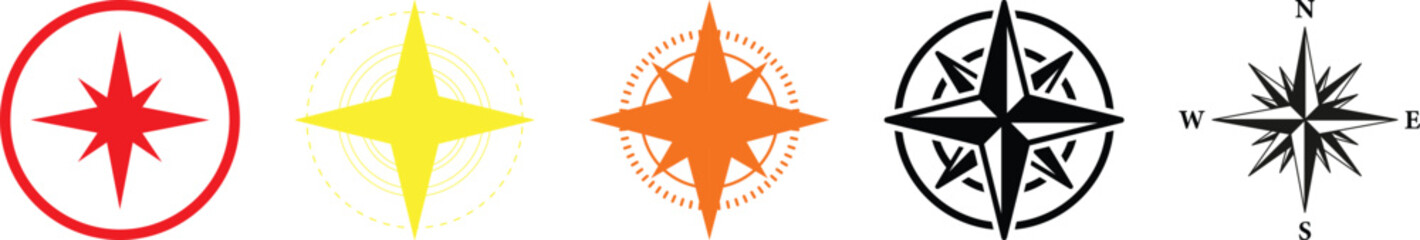 Fototapeta premium Collection of Diverse Compass Rose and Starburst Icons in Various Colors