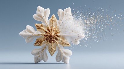 A beautiful snowflake explodes, scattering glitter against a soft blue background.