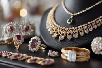 Exquisite gold jewelry collection featuring necklaces, rings, and bracelets with sparkling diamonds and precious gemstones, displayed on a sleek black surface.