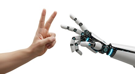A human hand and a robotic hand making the scissors gesture for a game of rock-paper-scissors on a white background.