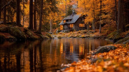 A cozy house deep in the forest, surrounded by tall autumn trees, soft orange and brown leaves on the ground. Smoke gently rising from the chimney, warm golden lights glowing inside the windows
