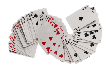 deck of cards for poker and gambling flying, isolated on white, clipping path