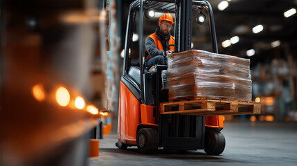 Forklift mast and forks lifting pallet driver cropped at shoulder far aisle defocused forklift operation material handling warehouse efficiency safety cage supply chain with