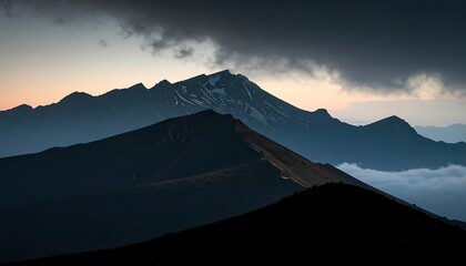 Mountain peaks silhouetted against a dramatic twilight sky