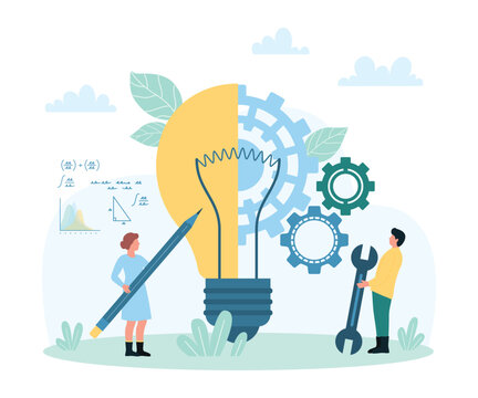 Business plan creation, development of creative solutions vector illustration. Cartoon tiny people create idea light bulb with pencil and wrench, brainstorm work with gears inside lamp engine