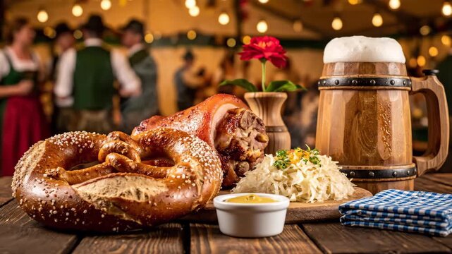 Traditional Bavarian Meal with Pretzel and Beer - A beautifully arranged traditional Bavarian meal featuring a large pretzel, roast pork knuckle, and sauerkraut, complemented by a wooden beer mug.